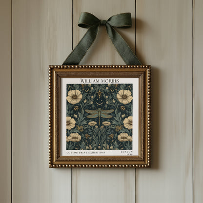 William Morris Style Dragonfly & Bees Print – Celestial Floral Square Wall Art