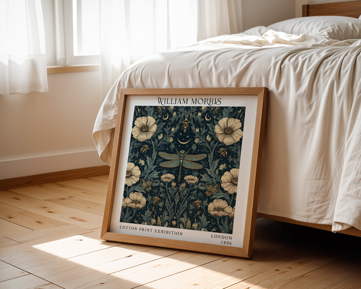 William Morris Style Dragonfly & Bees Print – Celestial Floral Square Wall Art