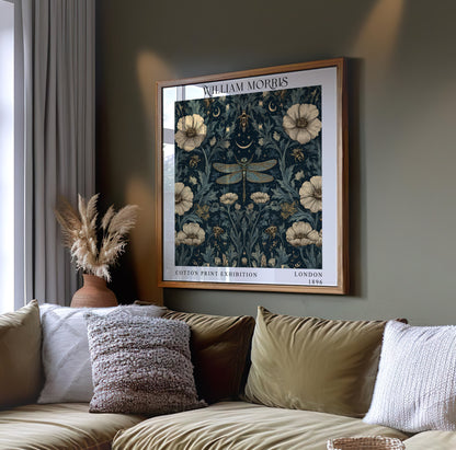 William Morris Style Dragonfly & Bees Print – Celestial Floral Square Wall Art