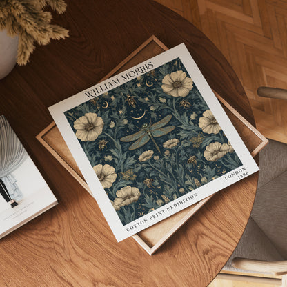 William Morris Style Dragonfly & Bees Print – Celestial Floral Square Wall Art