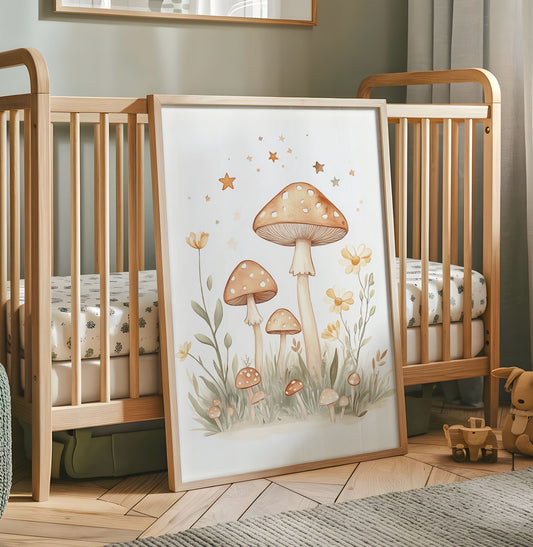 Woodland mushroom nursery wall art with flowers and stars in soft earthy tones
