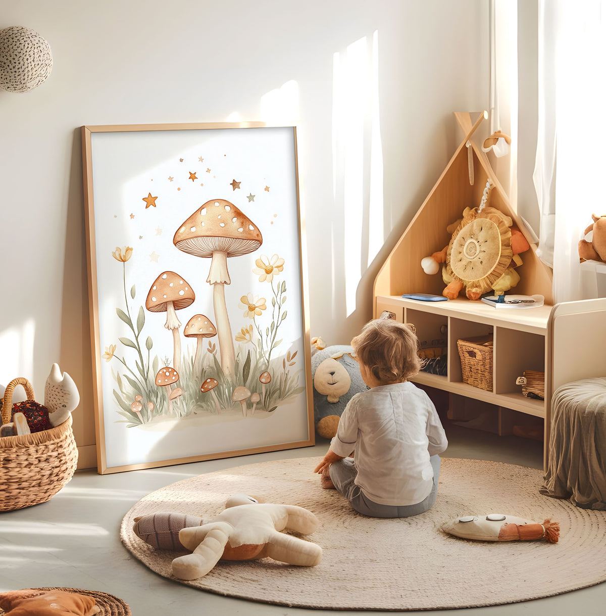 Woodland mushroom nursery print displayed in a bright child's room