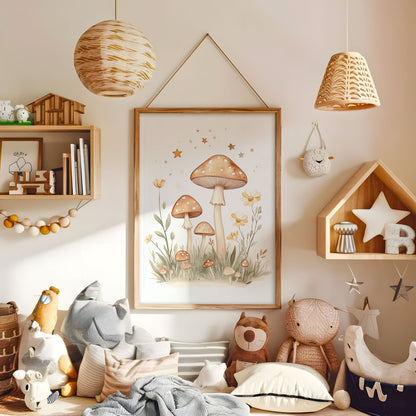 Mushroom and wildflower wall art displayed in a warm kids bedroom