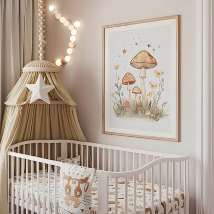 Woodland mushroom nursery wall art displayed above a cot