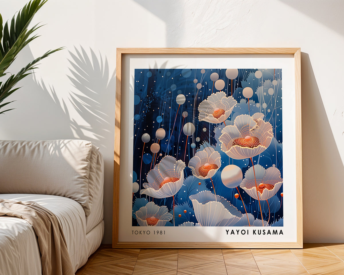 Yayoi Kusama Inspired White Poppy Print | Blue Japanese Floral Wall Art