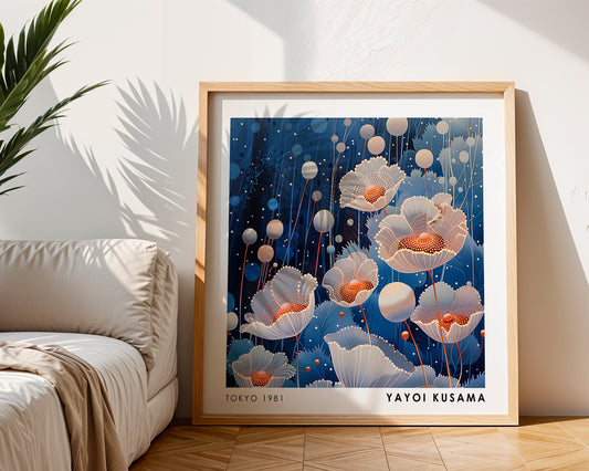 Yayoi Kusama Inspired White Poppy Print | Blue Japanese Floral Wall Art