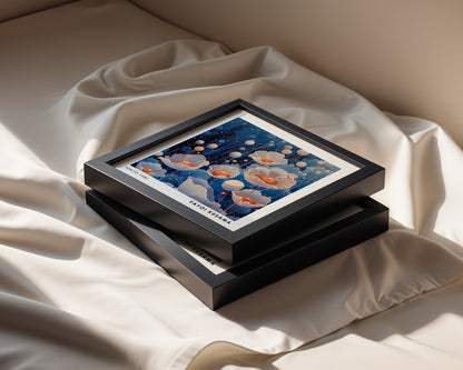 Yayoi Kusama Inspired White Poppy Print | Blue Japanese Floral Wall Art