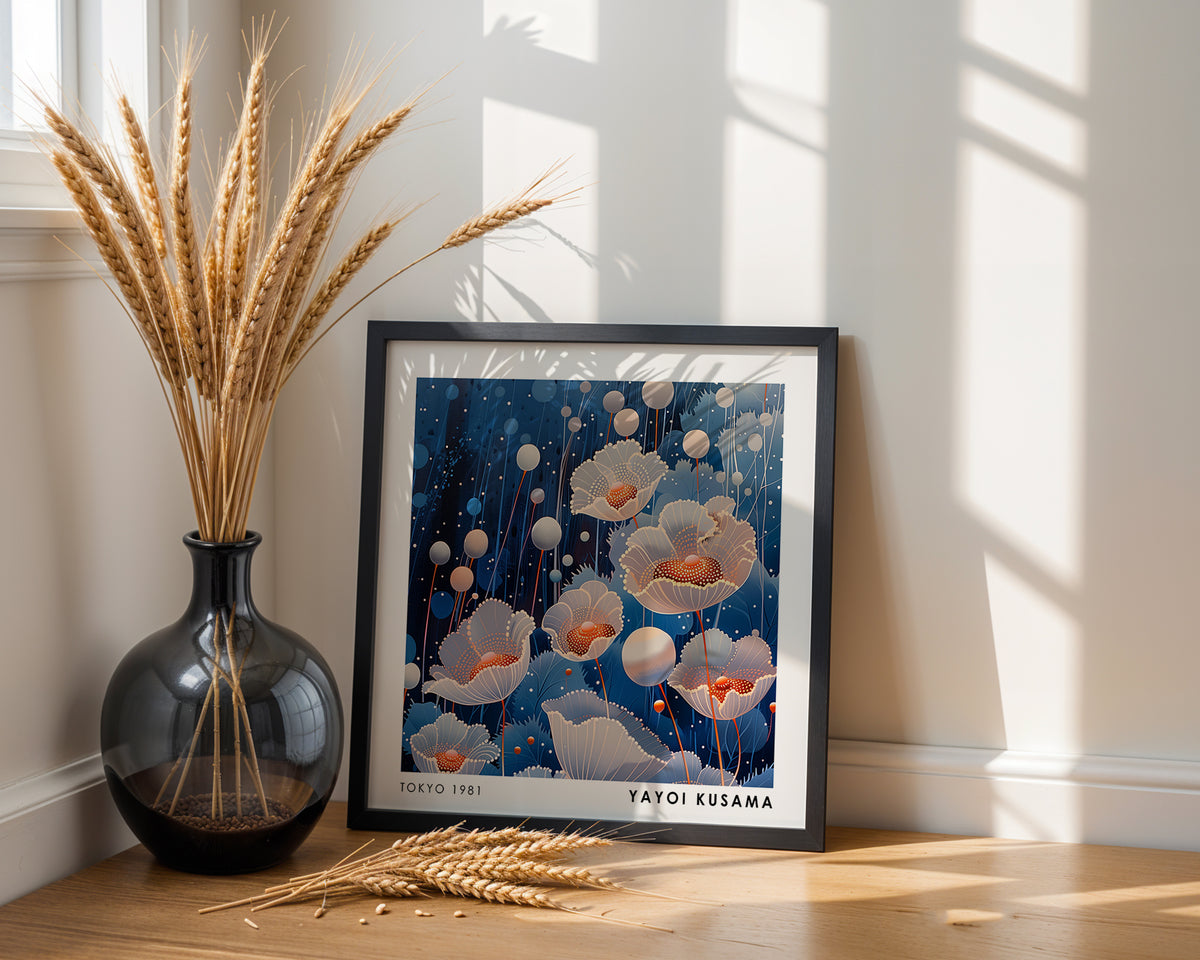 Yayoi Kusama Inspired White Poppy Print | Blue Japanese Floral Wall Art