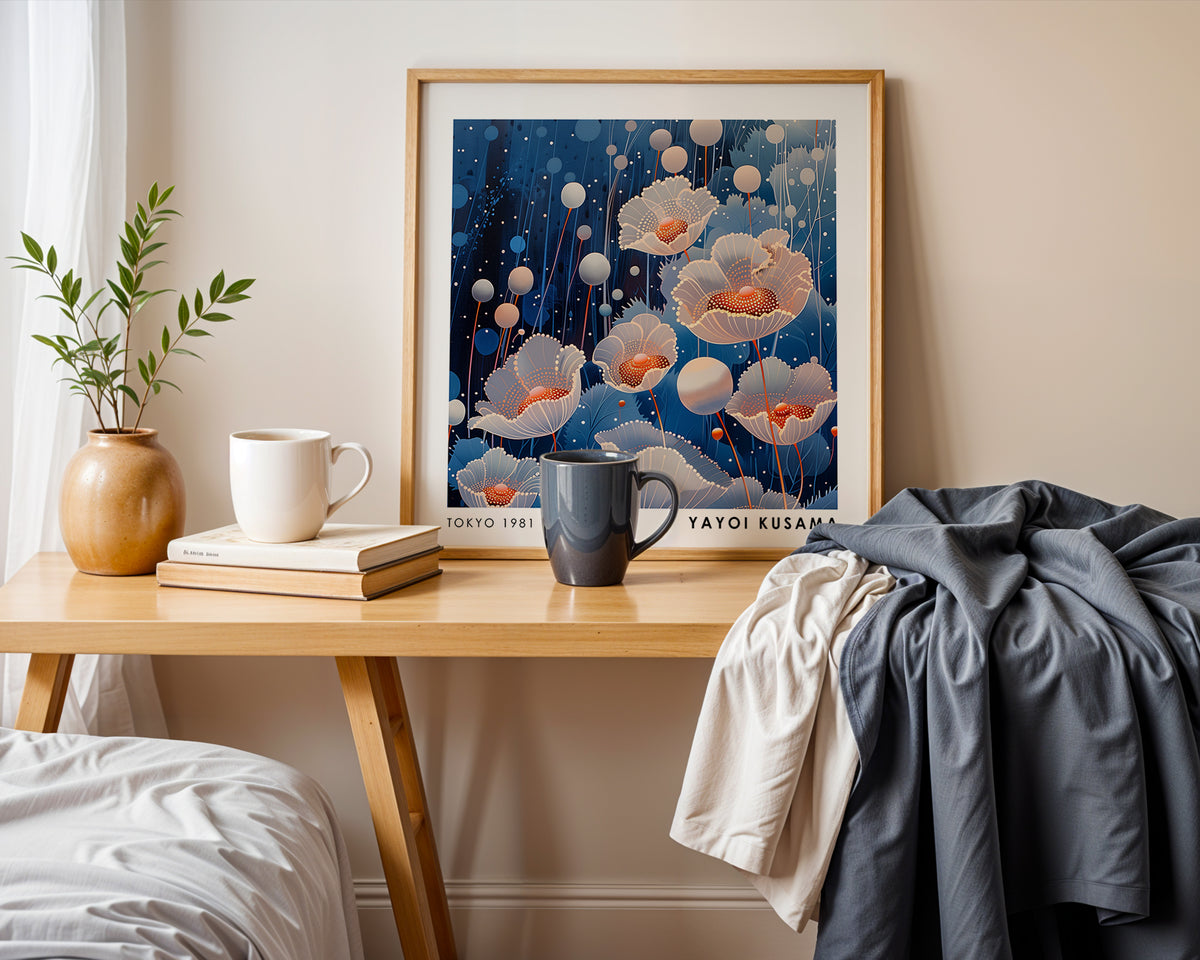 Yayoi Kusama Inspired White Poppy Print | Blue Japanese Floral Wall Art
