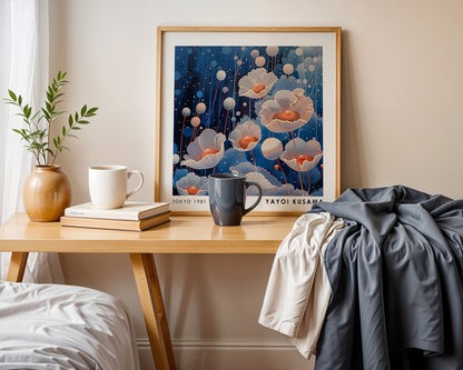 Yayoi Kusama Inspired White Poppy Print | Blue Japanese Floral Wall Art