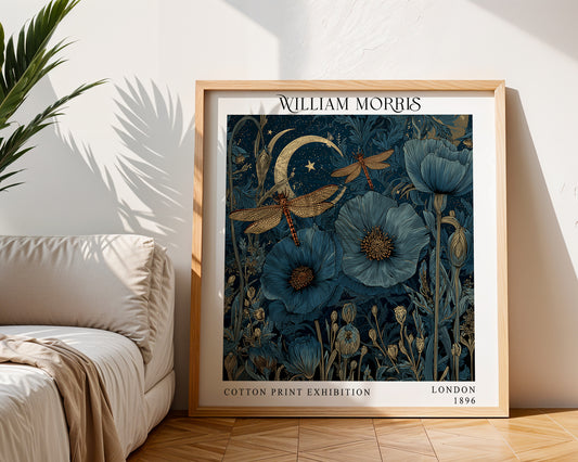 William Morris Style Blue Poppy & Dragonfly Print – Moonlit Square Wall Art