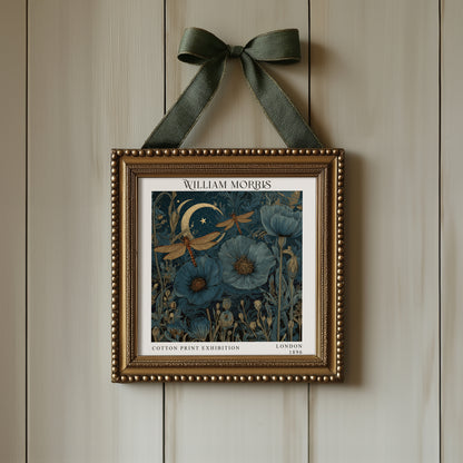 William Morris Style Blue Poppy & Dragonfly Print – Moonlit Square Wall Art
