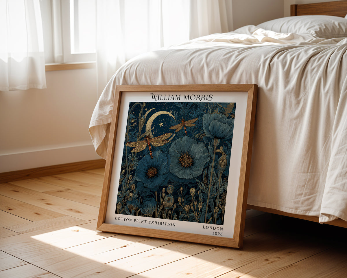 William Morris Style Blue Poppy & Dragonfly Print – Moonlit Square Wall Art