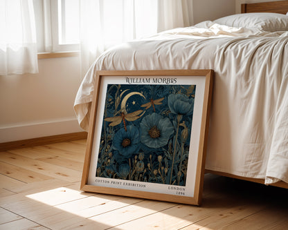 William Morris Style Blue Poppy & Dragonfly Print – Moonlit Square Wall Art
