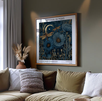 William Morris Style Blue Poppy & Dragonfly Print – Moonlit Square Wall Art