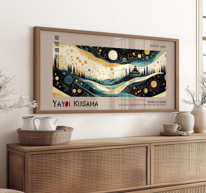Japanese Panoramic Print | Yayoi Kusama Inspired Art | Japandi Wall Decor | Abstract Starry Landscape | Starry Night Art