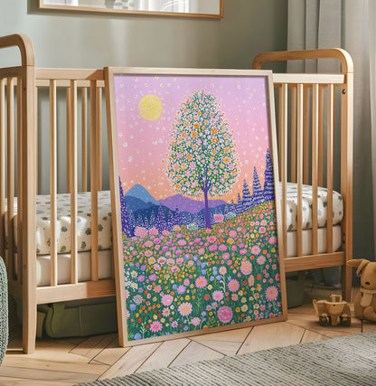 Colourful floral meadow nursery wall art with pink sky mountains and flowering tree