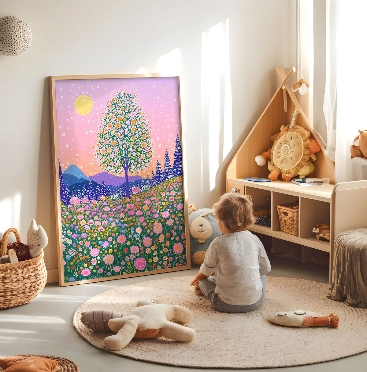 Colourful floral meadow nursery print displayed in a bright child's room