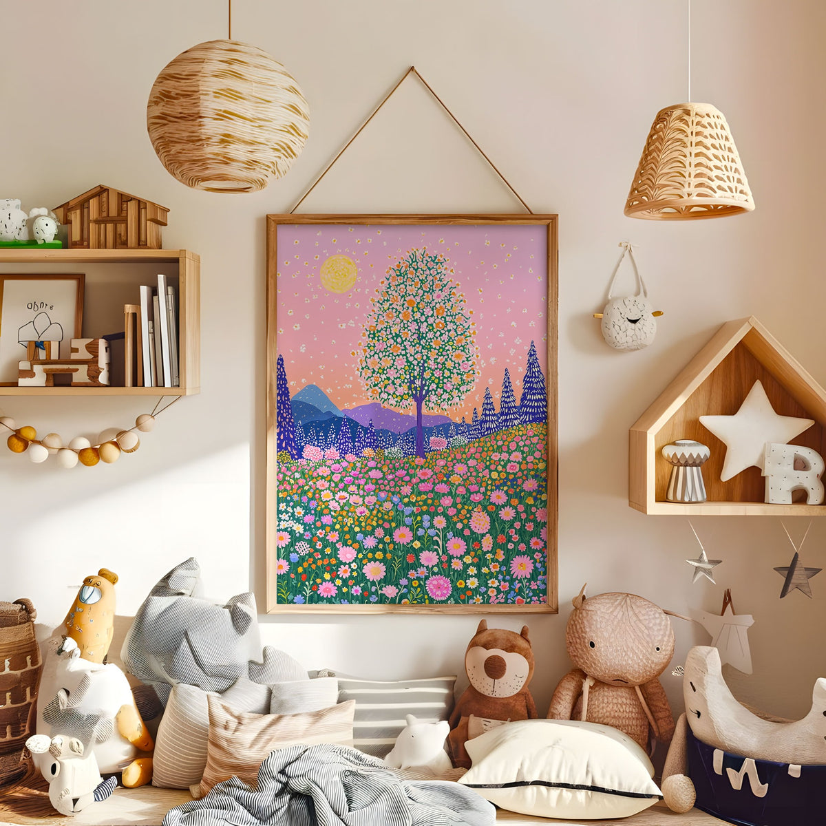 Pink sky floral landscape wall art displayed in a warm kids bedroom