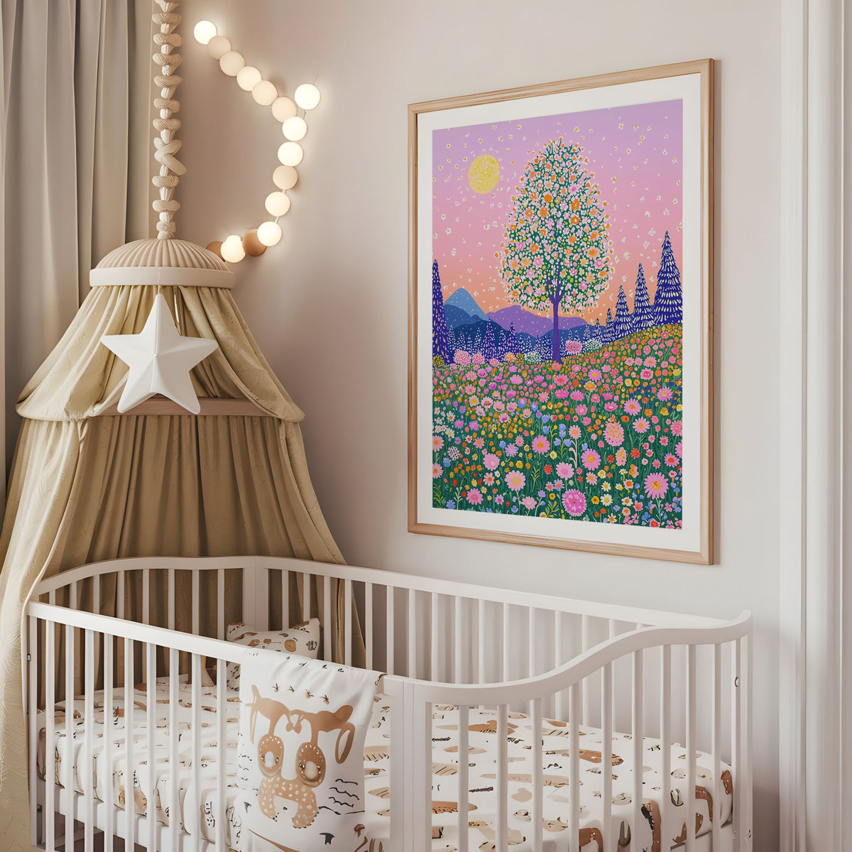 Colourful floral landscape nursery wall art displayed above a cot