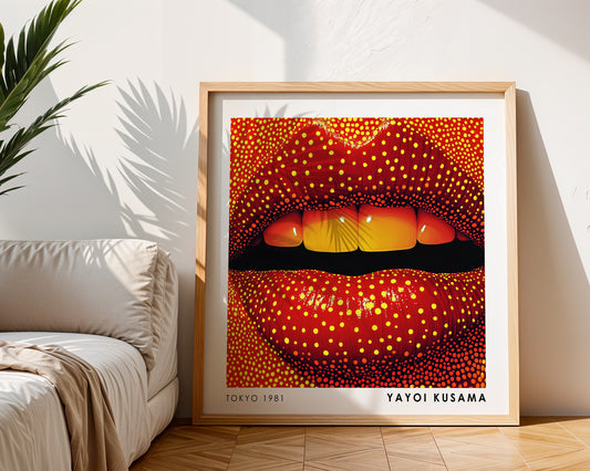 Yayoi Kusama Inspired Red Lips Print | Yellow Polka Dot Pop Art Wall Art