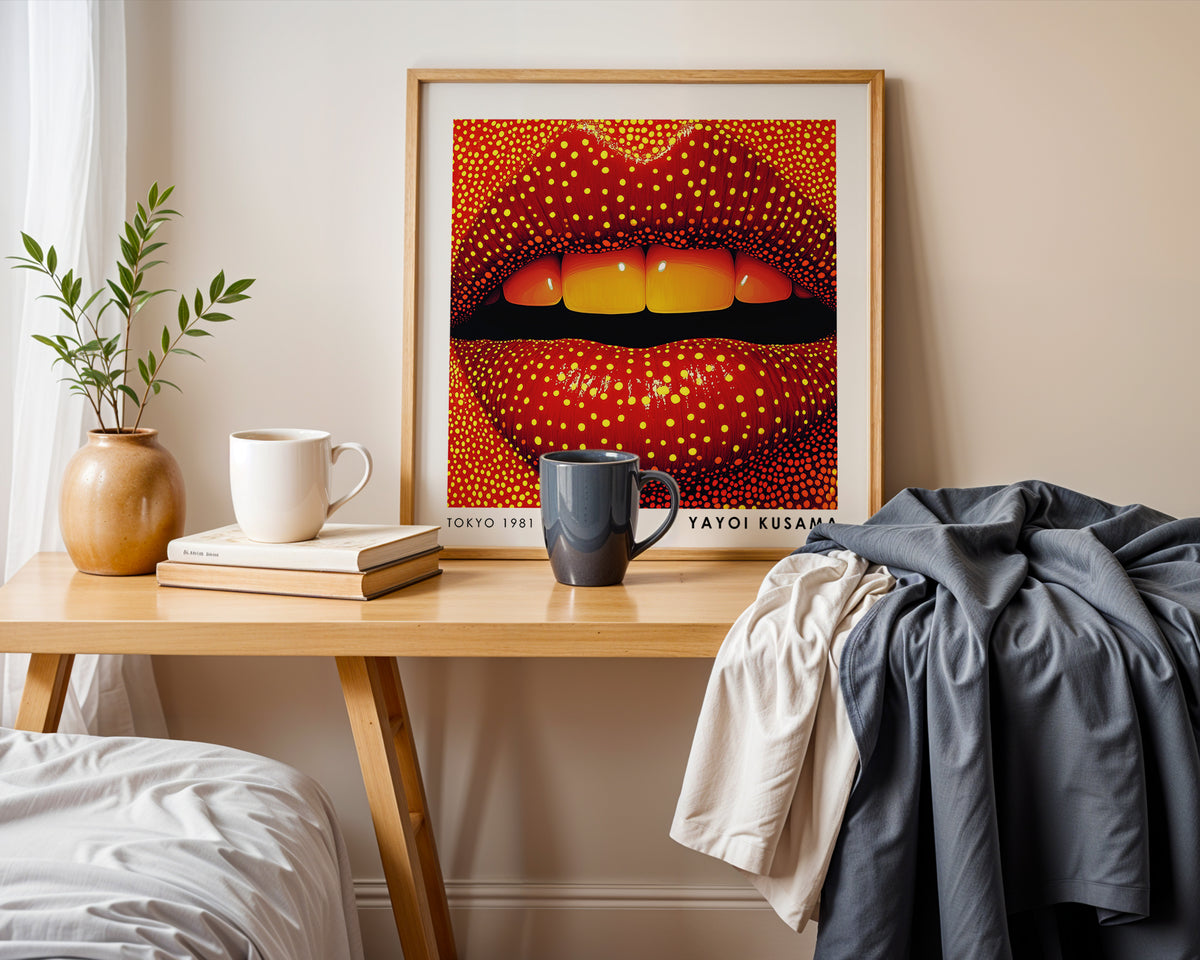 Yayoi Kusama Inspired Red Lips Print | Yellow Polka Dot Pop Art Wall Art