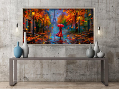 Eiffel Tower Panoramic Print, Rainy Paris Art, Impressionist Oil Painting Style