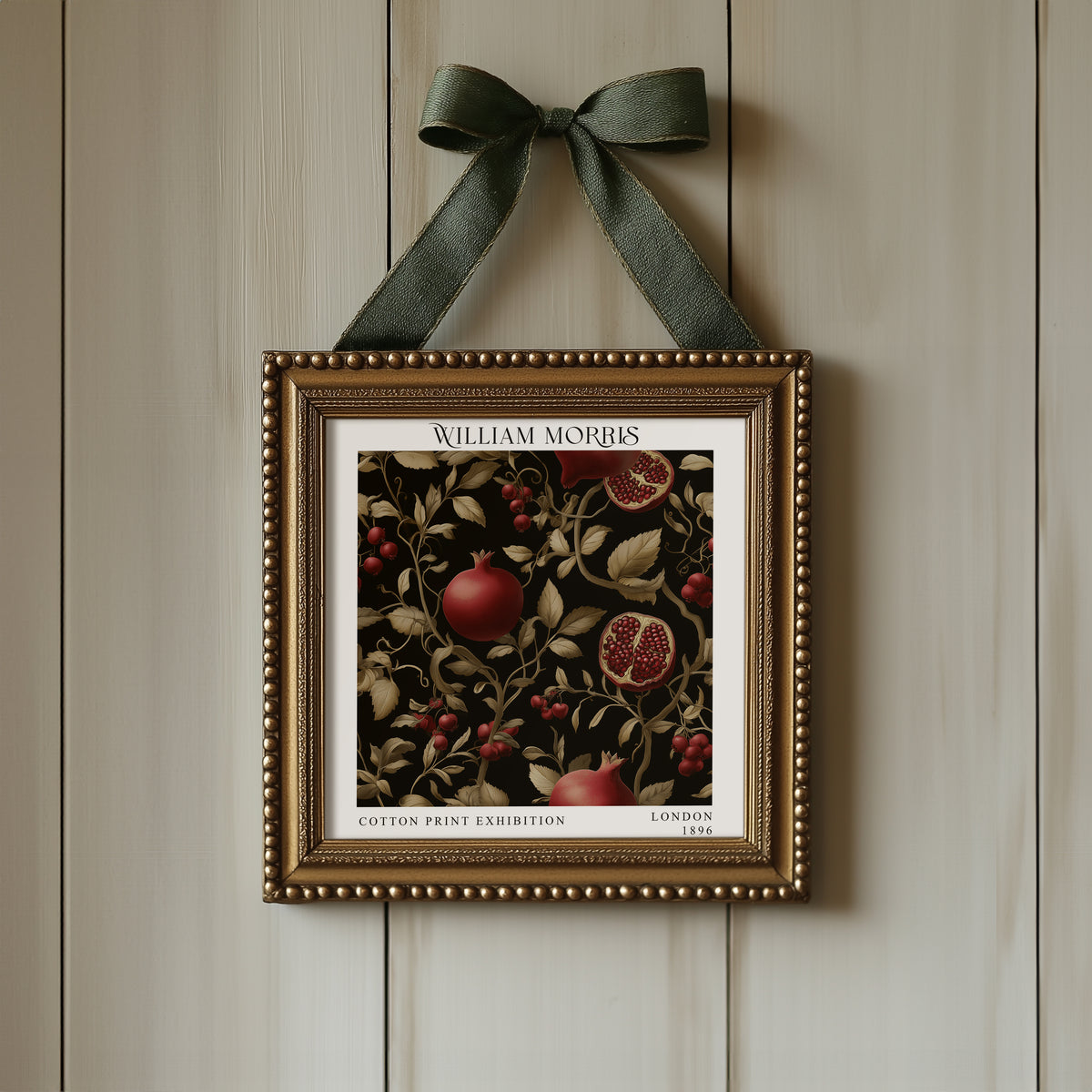 William Morris Style Pomegranate Vine Print – Black & Gold Botanical Square Wall Art