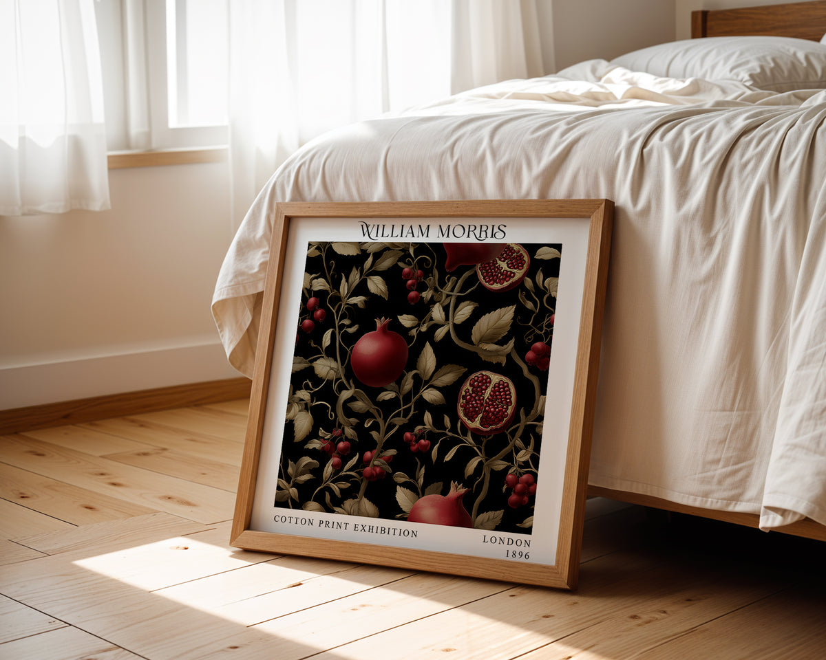William Morris Style Pomegranate Vine Print – Black & Gold Botanical Square Wall Art