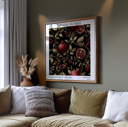 William Morris Style Pomegranate Vine Print – Black & Gold Botanical Square Wall Art