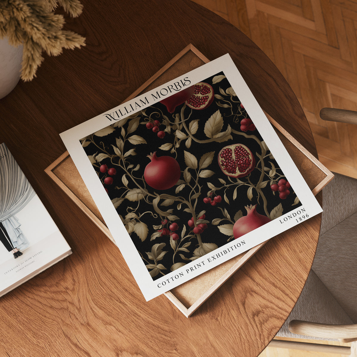 William Morris Style Pomegranate Vine Print – Black & Gold Botanical Square Wall Art