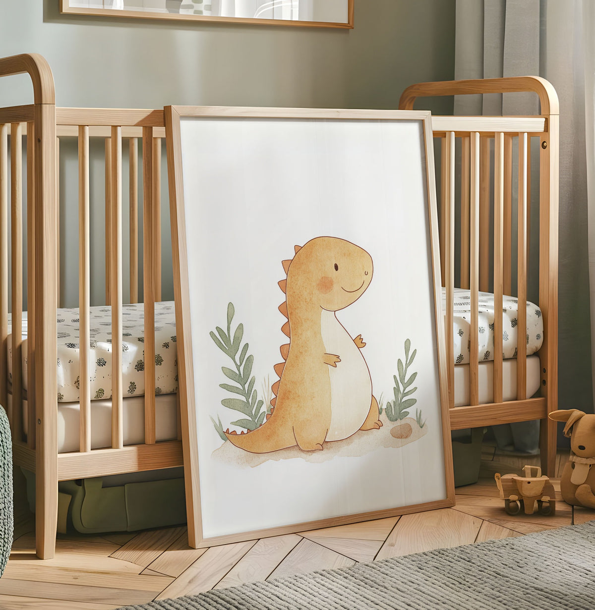 Cute orange dinosaur nursery wall art with soft green plants and neutral background