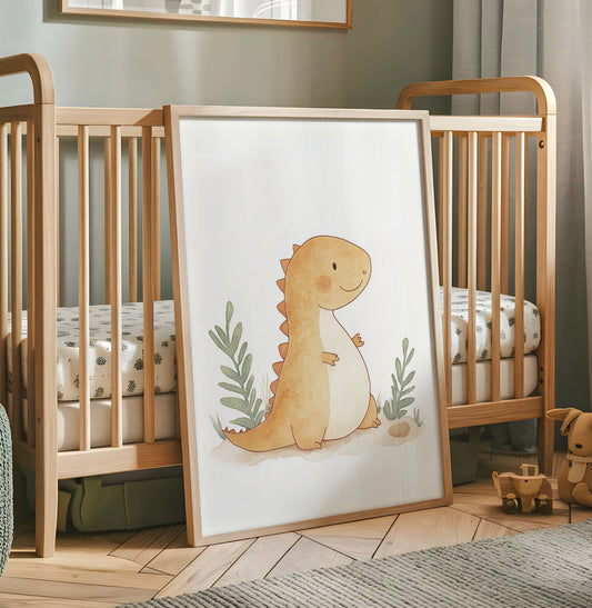 Cute orange dinosaur nursery wall art with soft green plants and neutral background