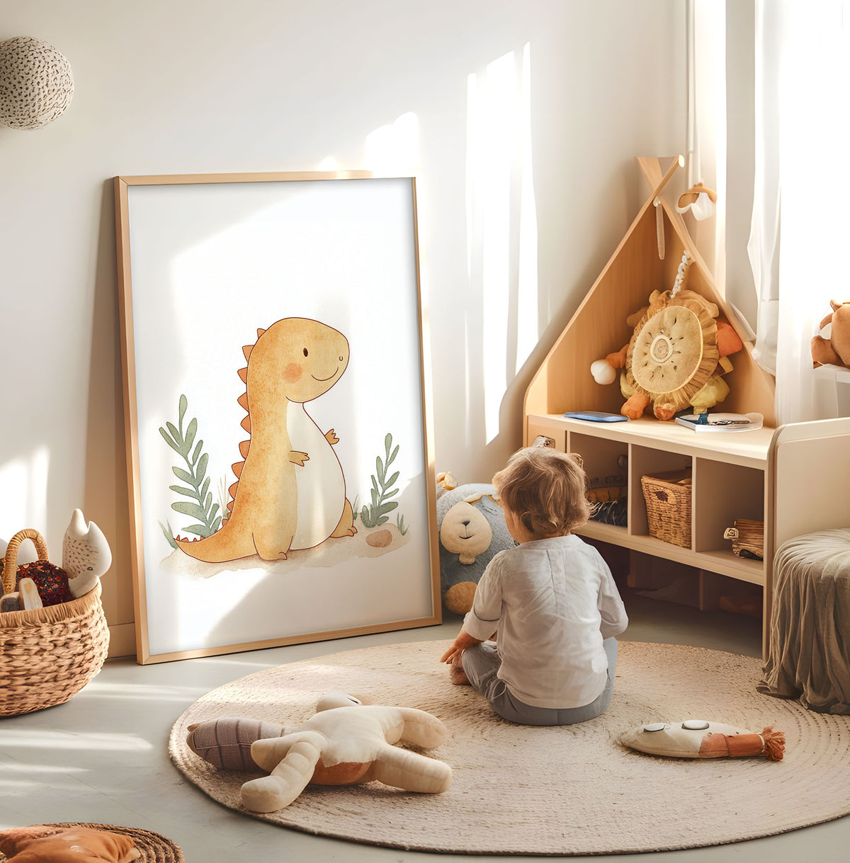 Cute dinosaur nursery print displayed in a bright child's room