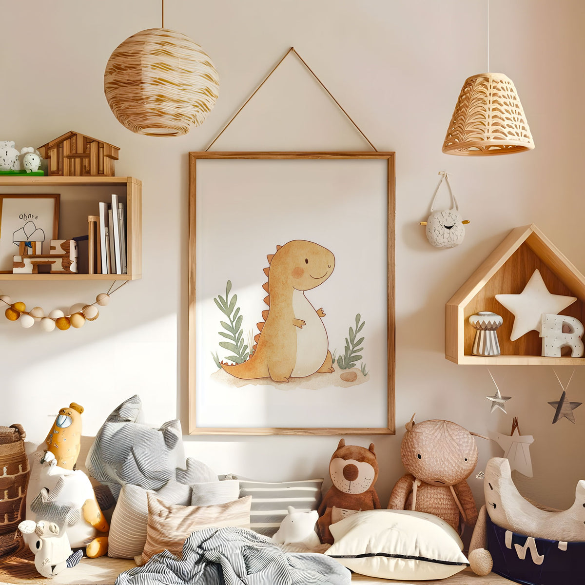 Orange dinosaur wall art displayed in a warm kids bedroom