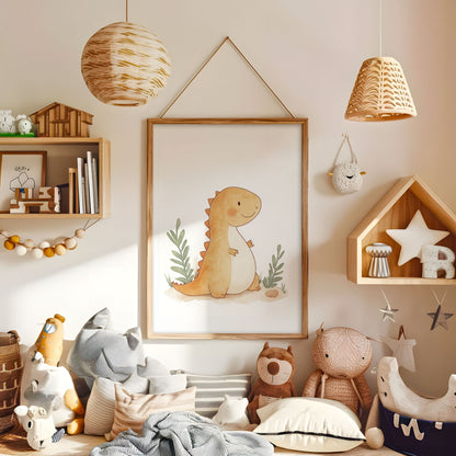 Orange dinosaur wall art displayed in a warm kids bedroom