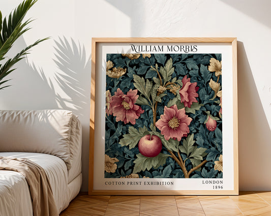 William Morris Style Apple & Floral Print – Teal Botanical Square Wall Art