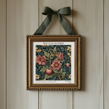 William Morris Style Apple & Floral Print – Teal Botanical Square Wall Art