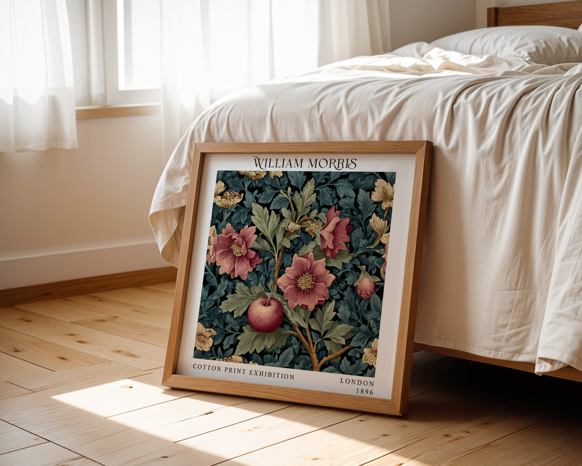 William Morris Style Apple & Floral Print – Teal Botanical Square Wall Art