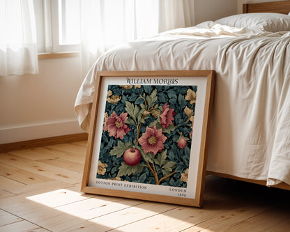 William Morris Style Apple & Floral Print – Teal Botanical Square Wall Art