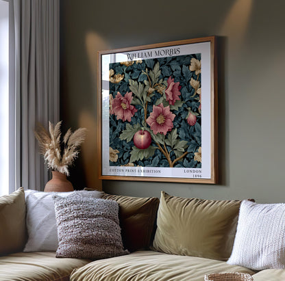 William Morris Style Apple & Floral Print – Teal Botanical Square Wall Art