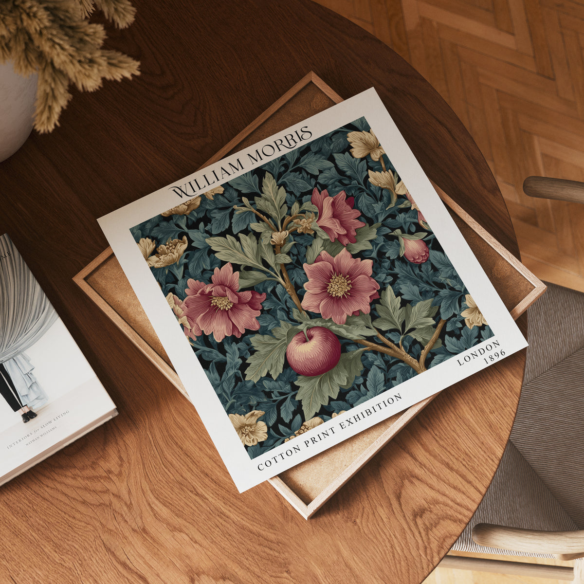William Morris Style Apple & Floral Print – Teal Botanical Square Wall Art