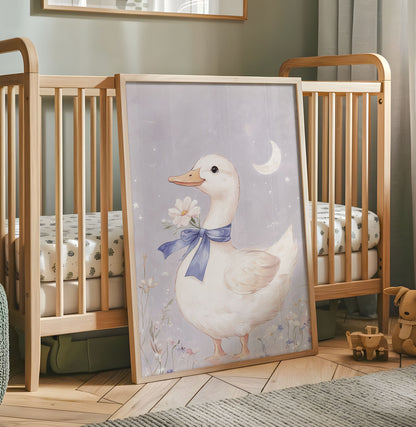 White goose nursery wall art with blue bow flower crescent moon and soft lavender background
