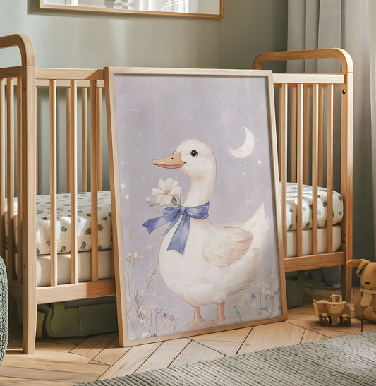 White goose nursery wall art with blue bow flower crescent moon and soft lavender background