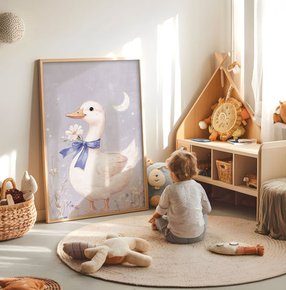 White goose nursery print displayed in a bright child's room