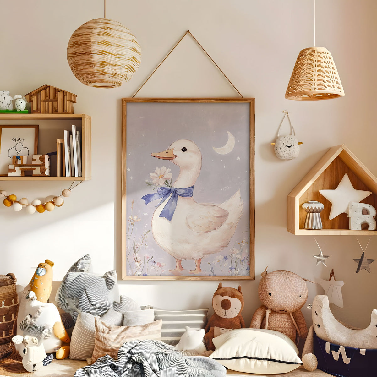 White goose moon wall art displayed in a warm kids bedroom