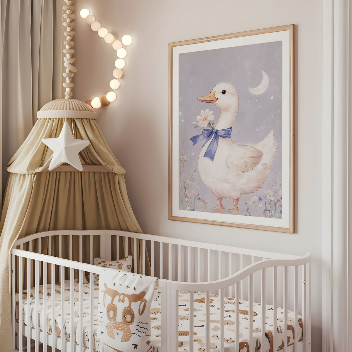 White goose nursery wall art displayed above a cot