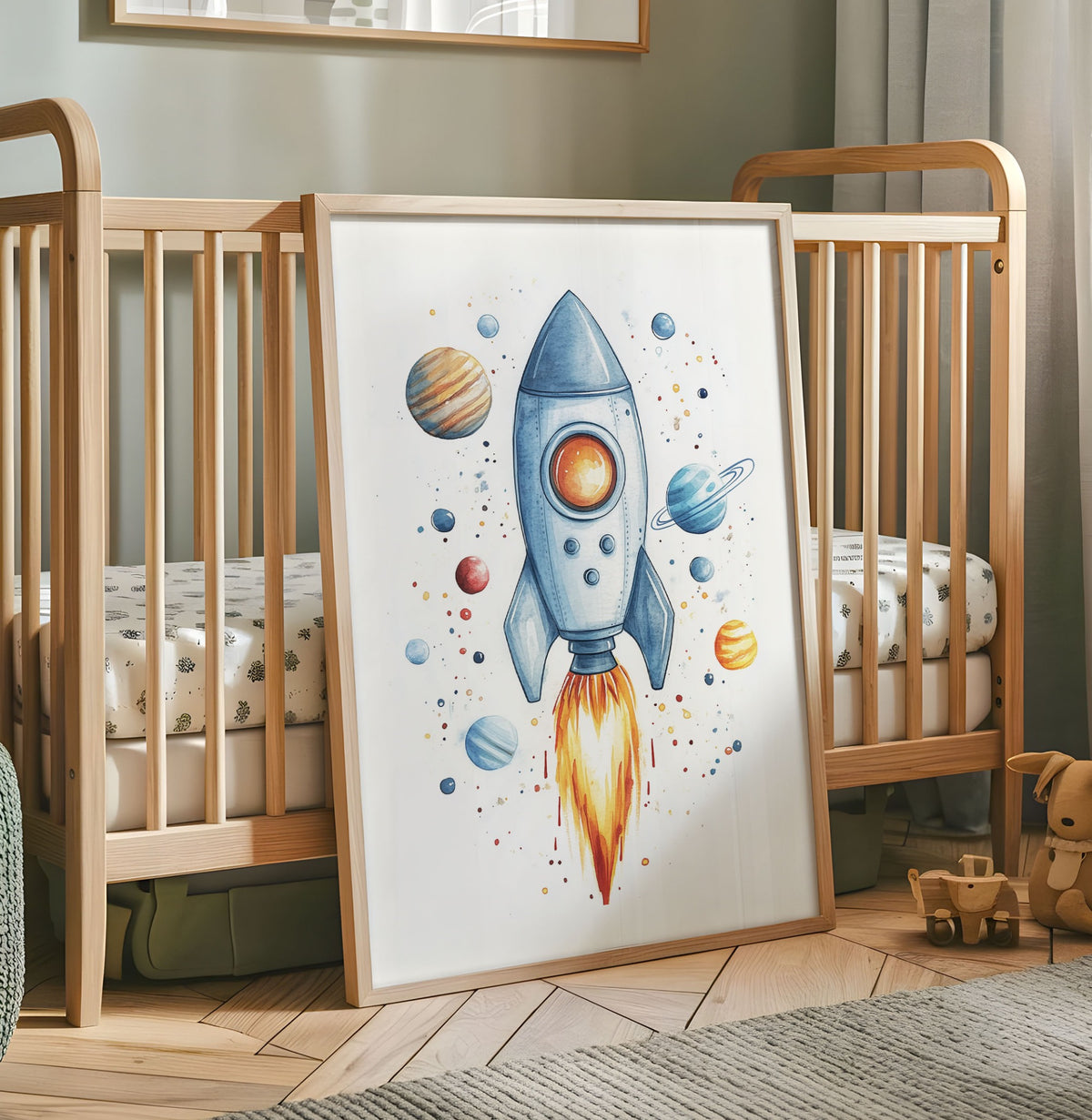 Watercolour rocket nursery wall art with colourful planets and orange flame on a white background