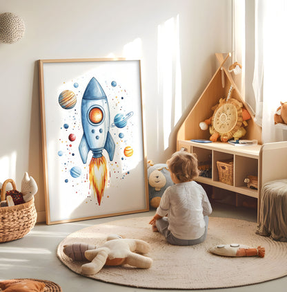 Rocket and planets nursery print displayed in a bright child's room