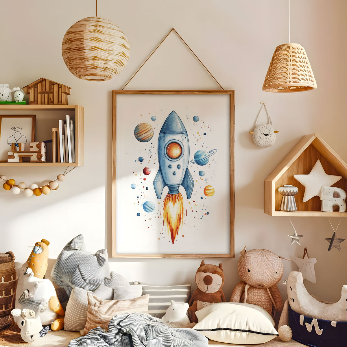 Watercolour rocket space wall art displayed in a warm kids bedroom